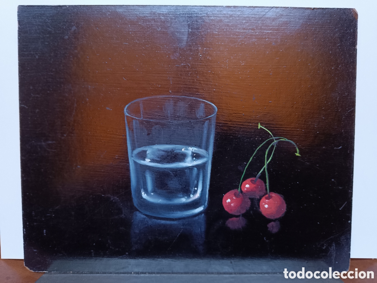 Arte: Oleo bodegon hiperrealista vaso y cerezas