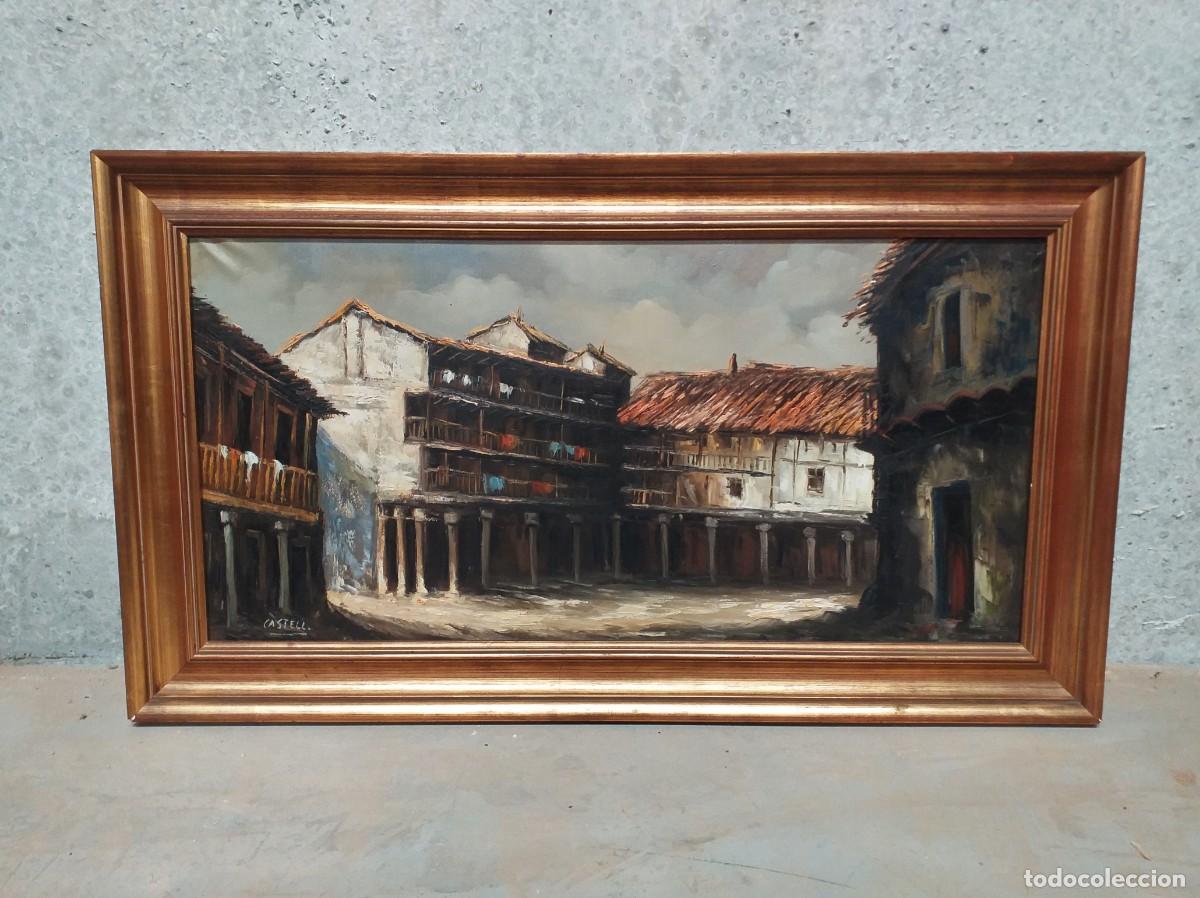 Kunst: Cuadro pintura oleo sobre lienzo, motivo Plaza pueblo castellano, firmado.