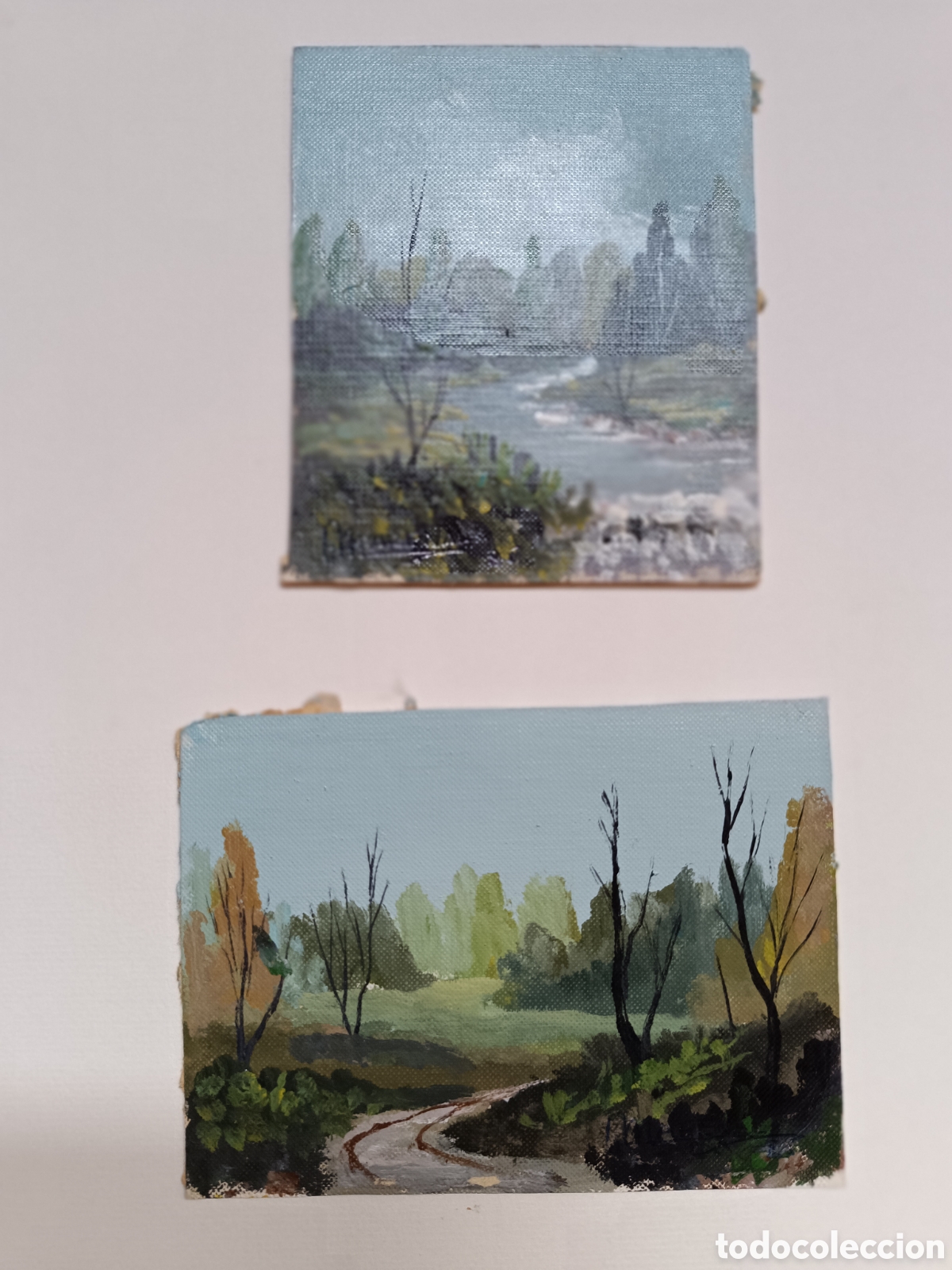 Arte: Pareja de Oleos paisaje rio bosque camino