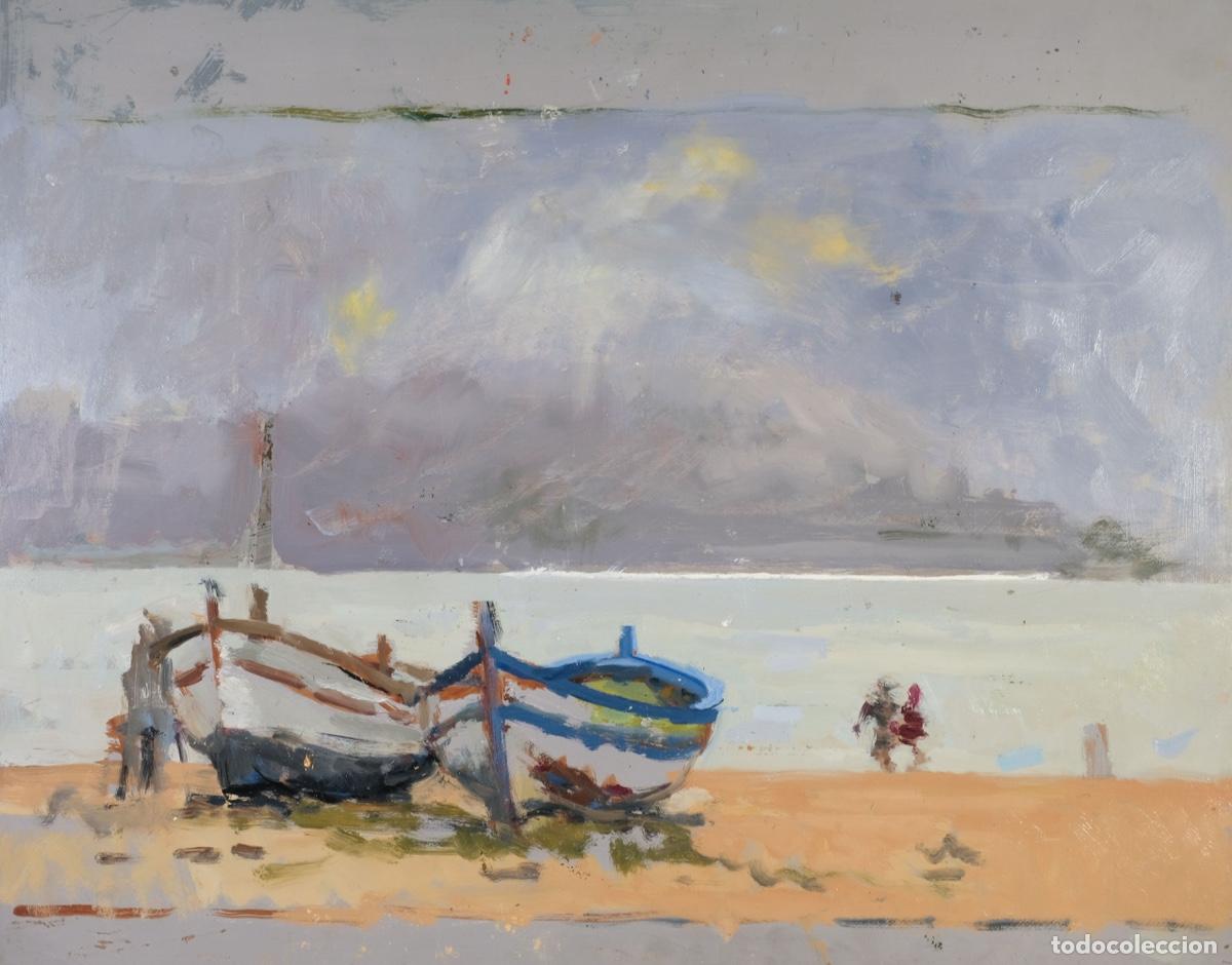Arte: Ferran Andreu Planas &oacute;leo sobre t&aacute;blex Playa con barcas - Foto 1