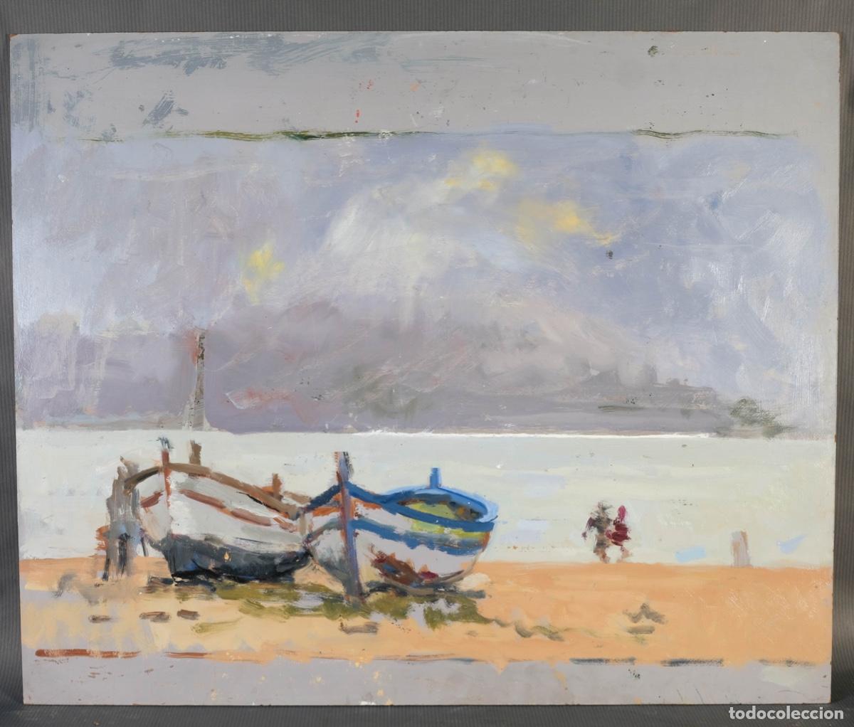 Arte: Ferran Andreu Planas &oacute;leo sobre t&aacute;blex Playa con barcas - Foto 2