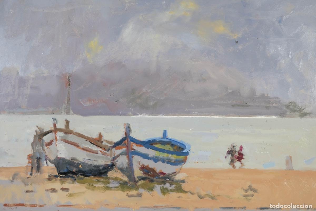Arte: Ferran Andreu Planas &oacute;leo sobre t&aacute;blex Playa con barcas - Foto 3