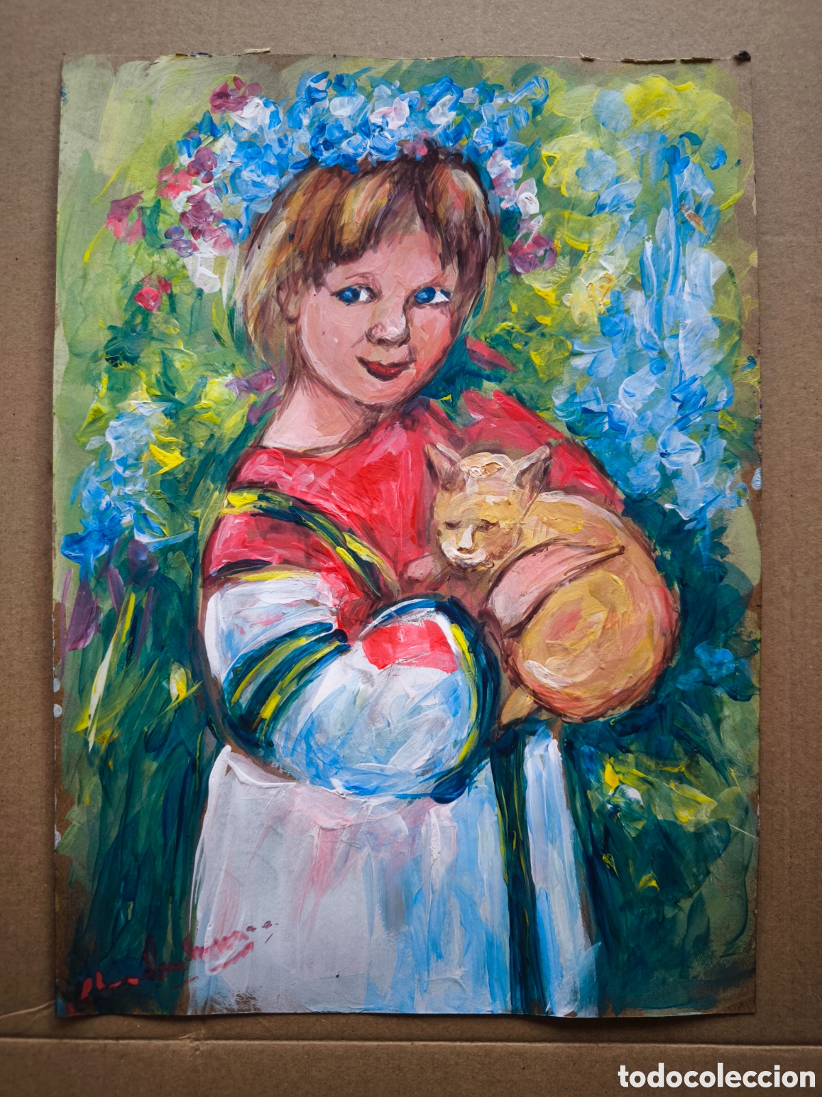 Arte: Ni&ntilde;a con gato en la naturaleza ( original )