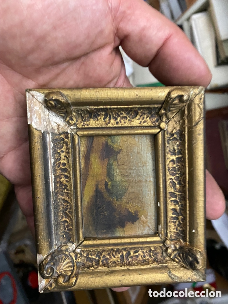 Arte: Antigua pintura miniatura al &oacute;leo - Retrato / Escena cl&aacute;sica - Marco de &eacute;poca tallado y dorado