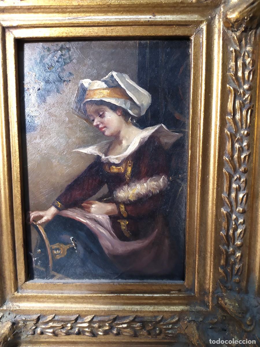 Arte: OLEO SOBRE COBRE DE MUJER HILANDO - Foto 2