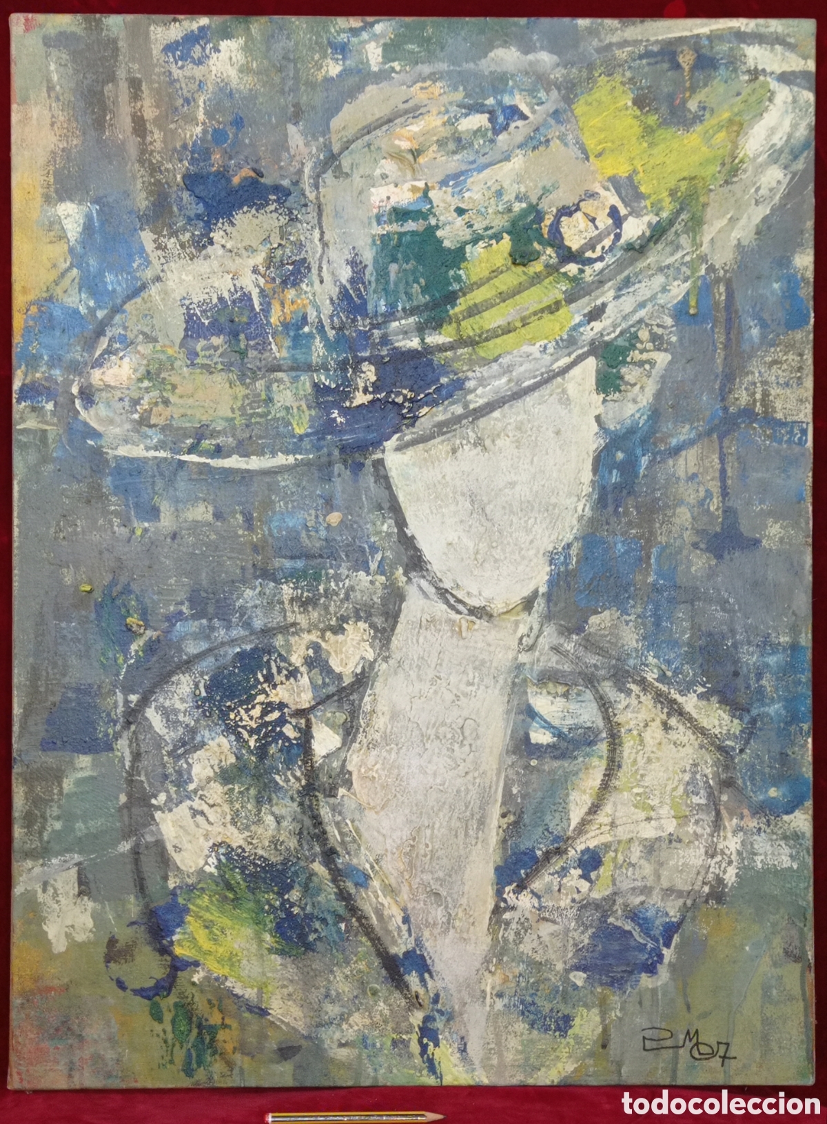 Arte: 80 cm - Mujer con pamela . Interesante pintura - firma
