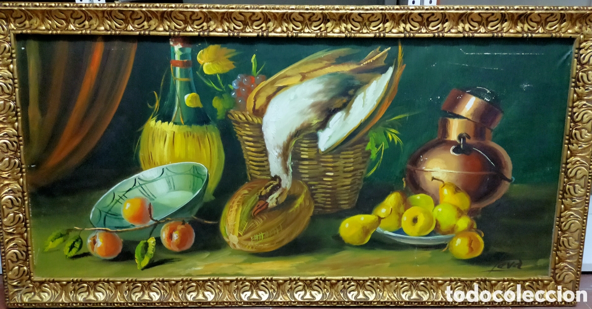 Arte: BODEGON OLEO SOBRE LIENZO FIRMADO LEVA CON MARCO DORADO