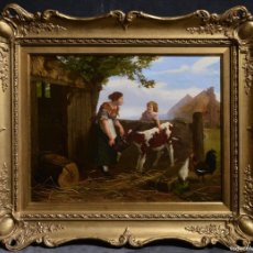 Arte: FEEDING A CALF LOVELY FARM SCENE WITH REDHEAD GIRL MID 19TH CENTURY OIL PAINTING