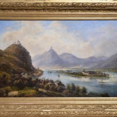 Arte: ALPINE VALLEY LANDSCAPE WITH HIGH HILLS AND RIVER 19TH CENTURY OIL PAINTING