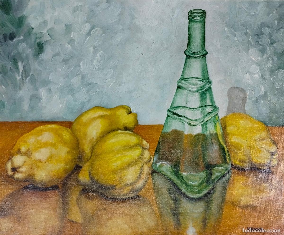 Kunst: BODEG&Oacute;N CON MEMBRILLOS Y BOTELLA. FIRMADO M. LLACUNA. ESPA&Ntilde;A. SIGLO XX