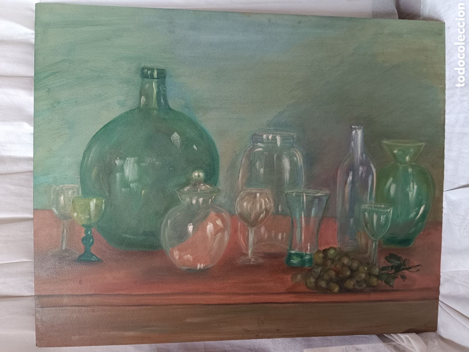 Arte: Oleo bodeg&oacute;n botellas uvas Damajuana - Foto 1