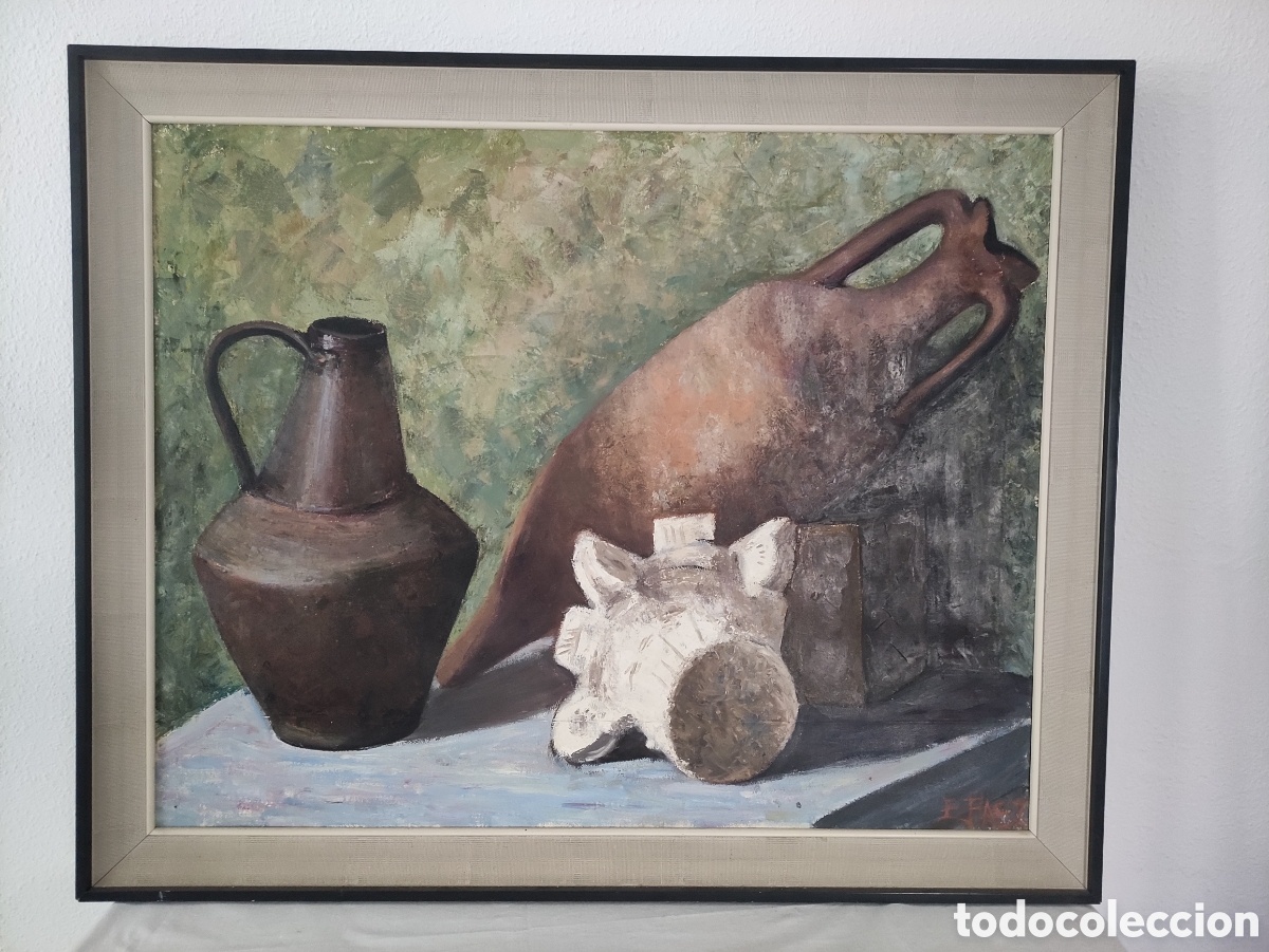 Kunst: Cuadro firmado &rdquo;Bodeg&oacute;n con capitel romano y &aacute;nfora de barro&rdquo; - 92x112.5 - &oacute;leo sobre lienzo