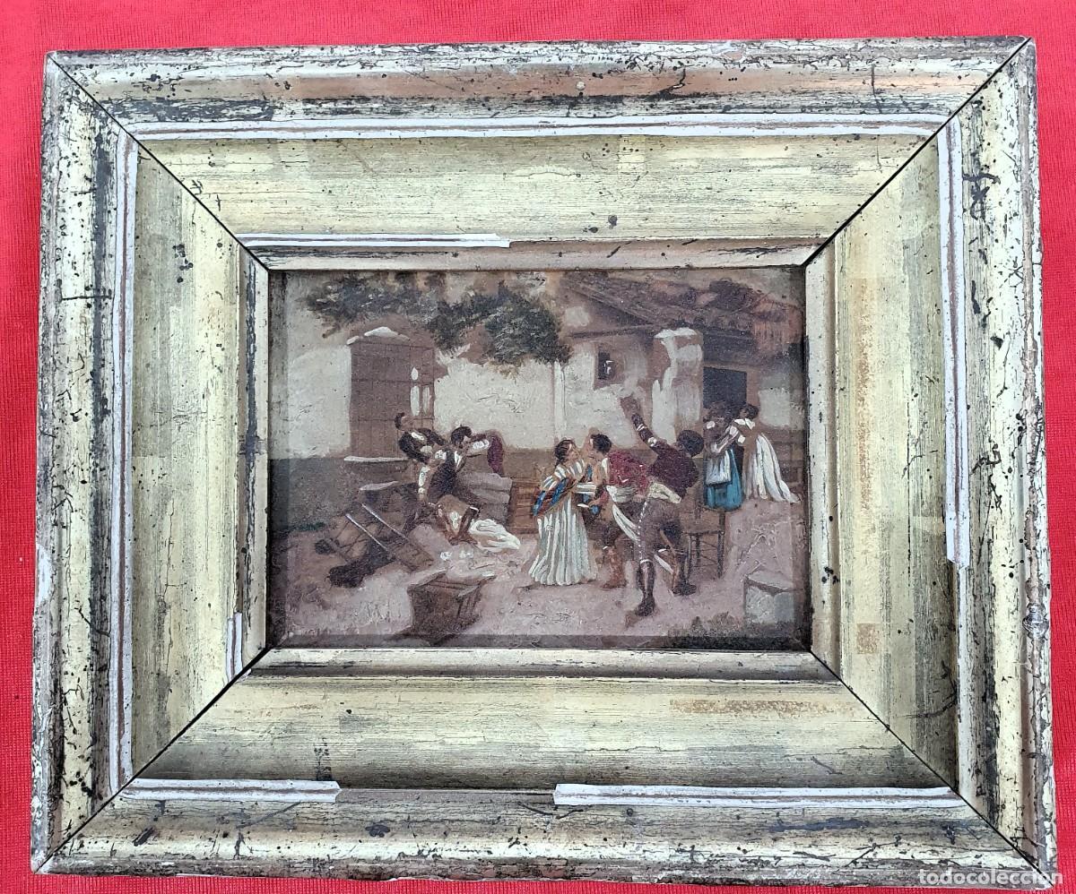 Arte: -Antiguo oleo sobre tabla, pelea - Foto 2