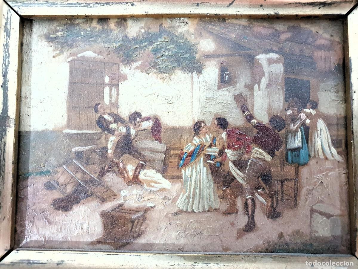 Arte: -Antiguo oleo sobre tabla, pelea - Foto 1