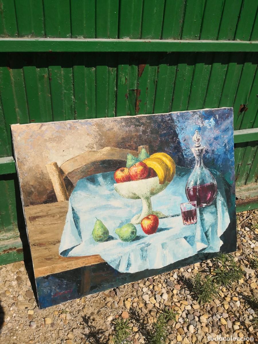 Arte: OIeo sobre lienzo cuadro firmado J. R. Mendes - Bodeg&oacute;n fruta y vino medida 81X60 cms.