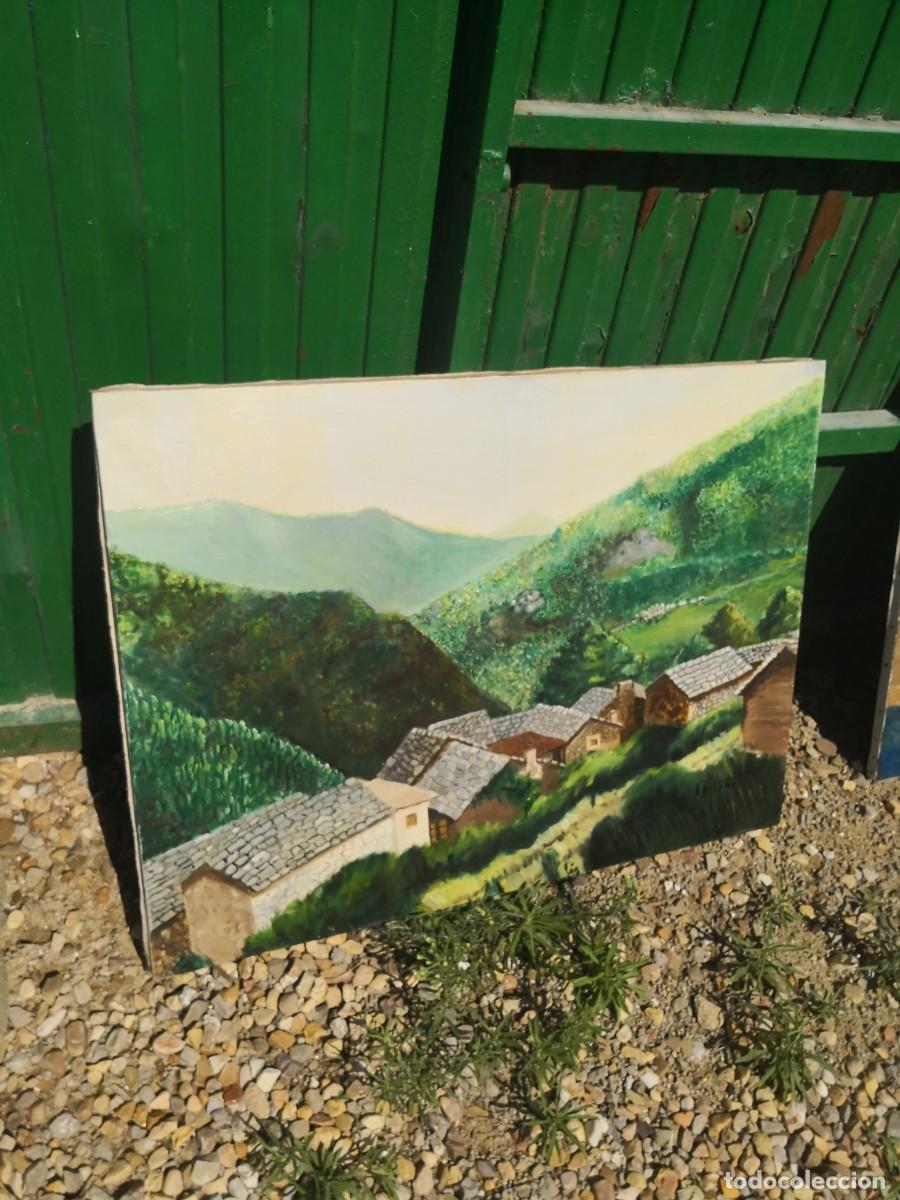 Arte: OIeo sobre lienzo cuadro, firmado A. Ortega paisaje pueblo casas medida lienzo 81X60 cms.