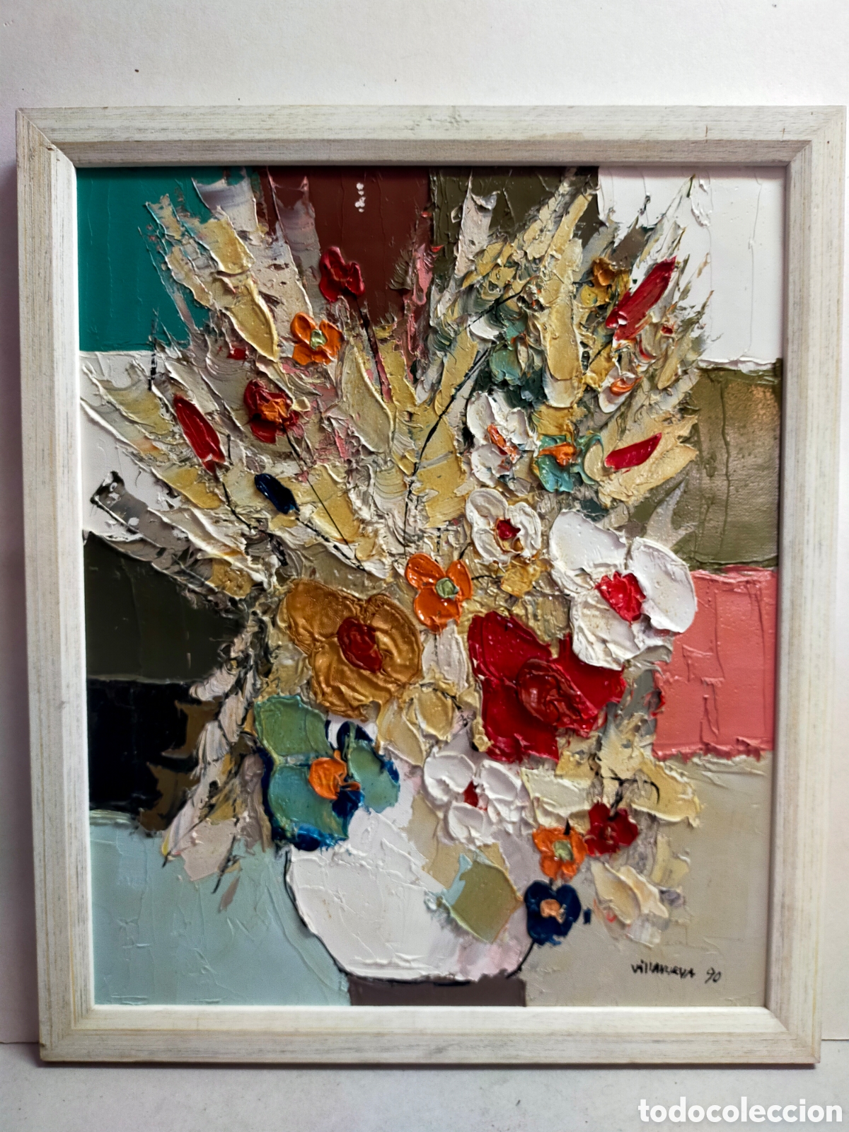 Kunst: FLORES EN JARRON. OLEO TECNICA MIXTA SOBRE TABLA O TABLEX. FIRMADO VILLANUEVA 90.