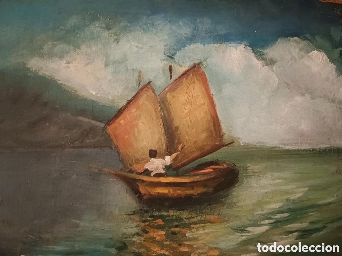 Arte: &Oacute;leo sobre madera, an&oacute;nimo, escena marina - Foto 1