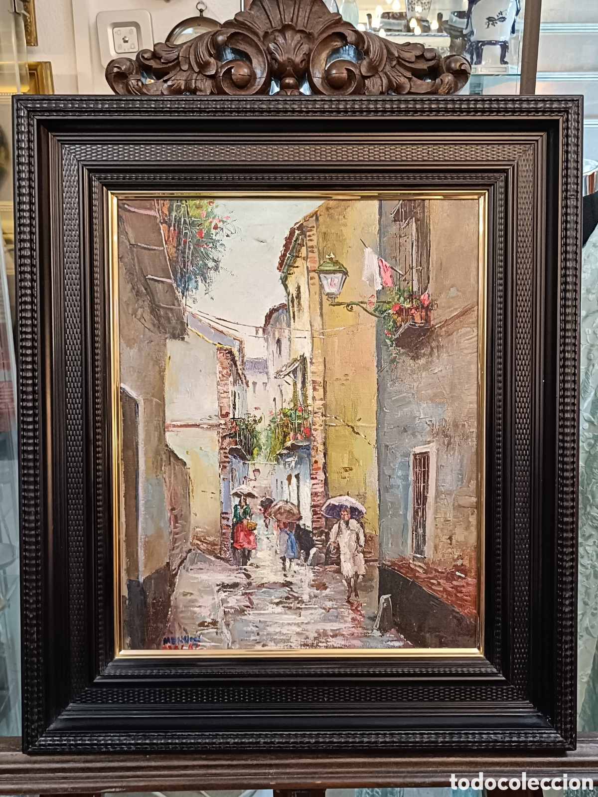 Art: PEDRO MENDOZA CARRION .OLEO SOBRE LIENZO CALLE CANASTEROS MALAGA. MEDIDAS CON MARCO 55&times;47 CM