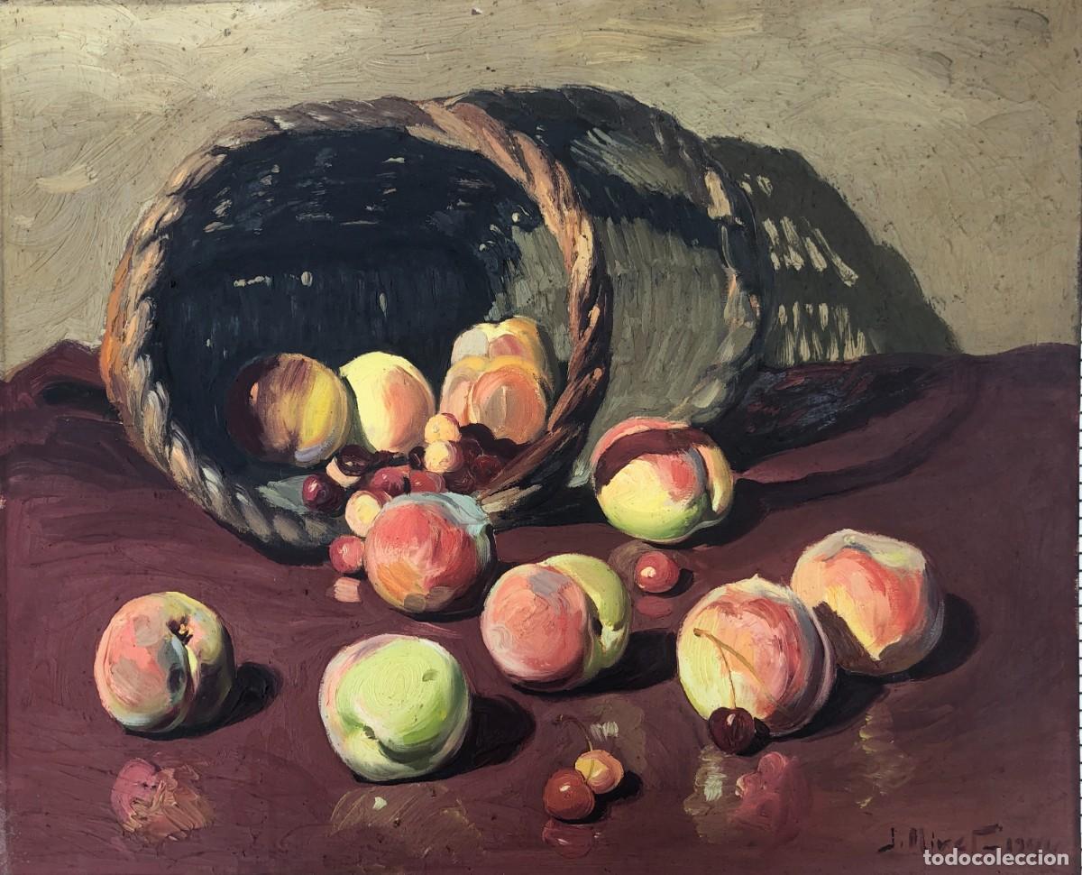 Arte: Josep Miret Aleu (1912-1999) - Bodegón de melocotones y cerezas - Óleo sobre lienzo