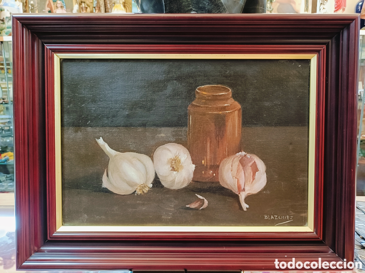 Kunst: OLEO SOBRE LIENZO . FIRMADO BLAZQUEZ. BODEGON. MEDIDAS CON MARCO 45 X 35 CM