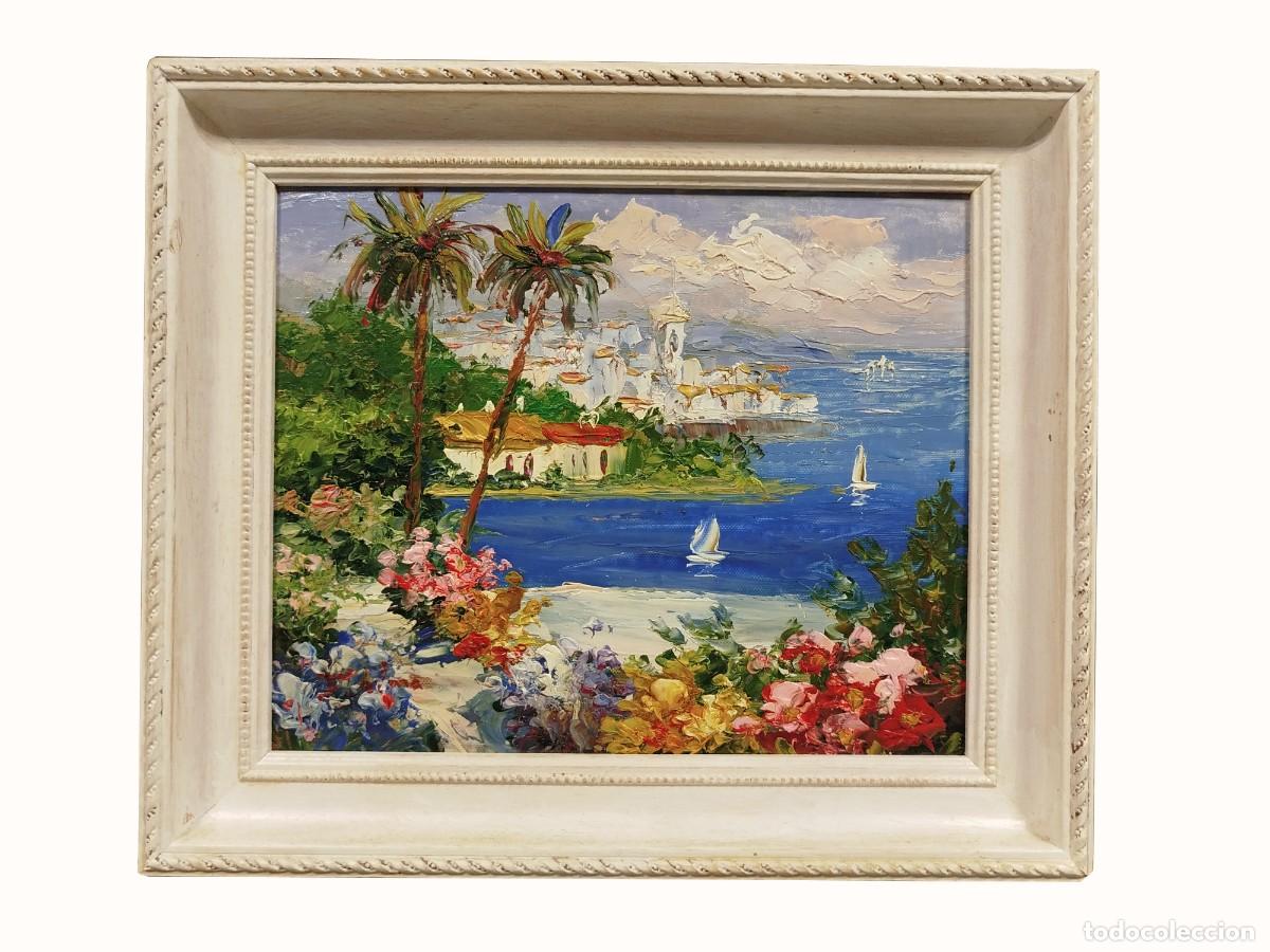 Arte: OLEO SOBRE LIENZO DE PAISAJE COSTERO CON MARCO BLANCO