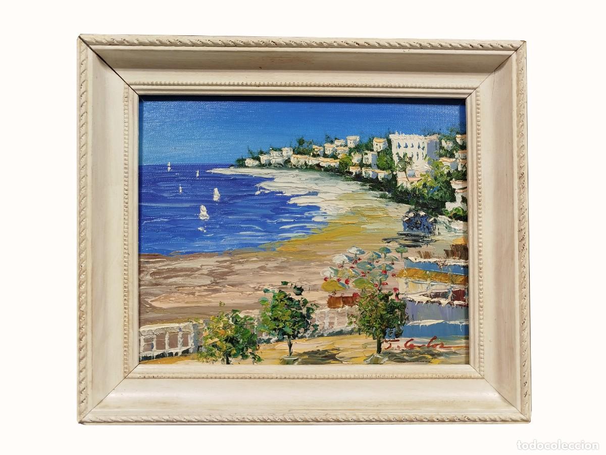 Arte: OLEO SOBRE LIENZO DE PAISAJE COSTERO CON MARCO BLANCO