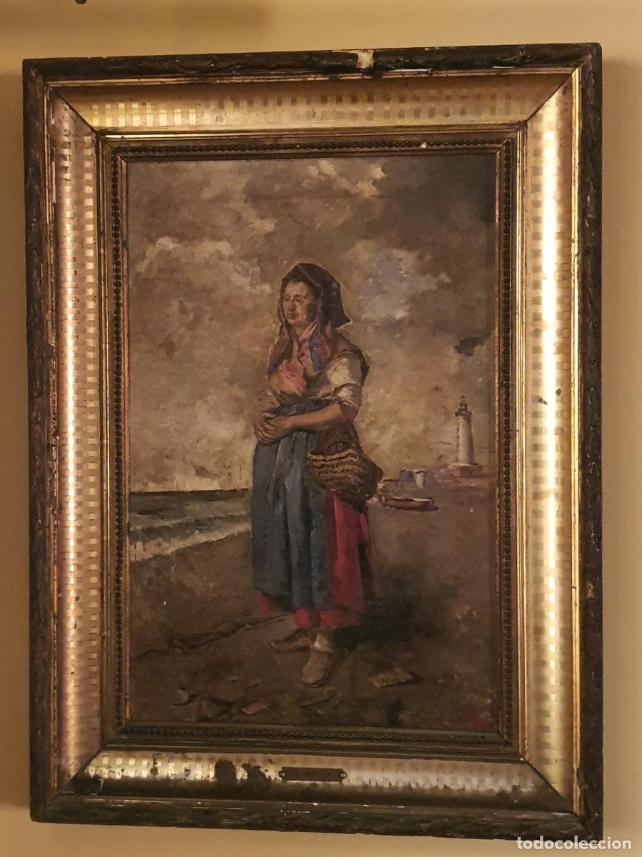 Arte: &Oacute;leo sobre lienzo, Mujer en la playa con la Farola de M&aacute;laga