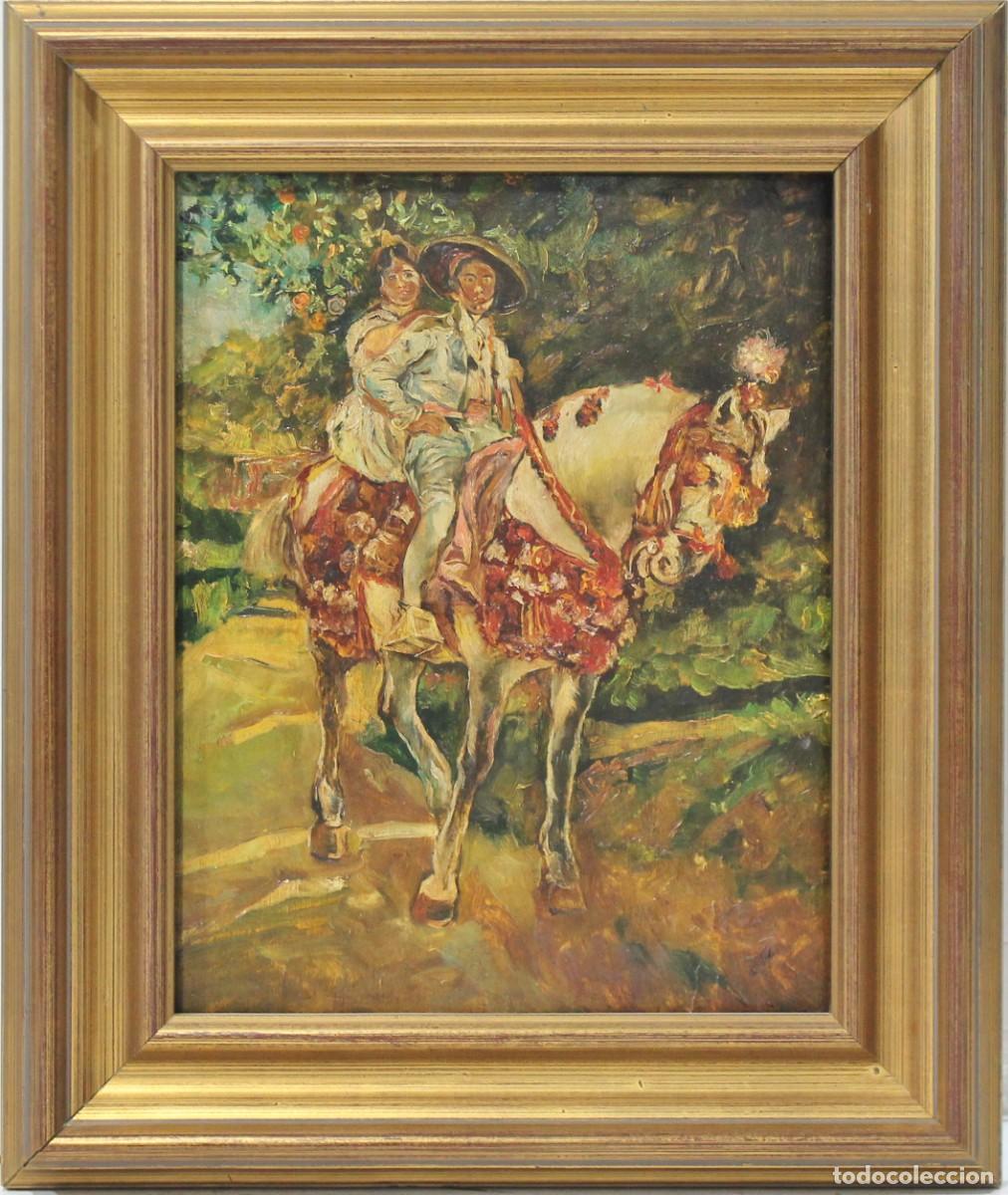 Arte: &rdquo;Pareja a caballo&rdquo; - An&oacute;nimo - &Oacute;leo sobre tabla - Foto 1