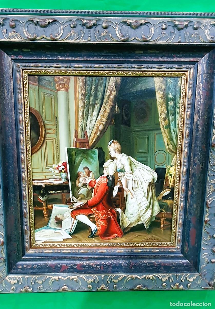Arte: -Oleo sobre lienzo firmado ,con escena de palacio. Pintor retratando a pareja de enamorados