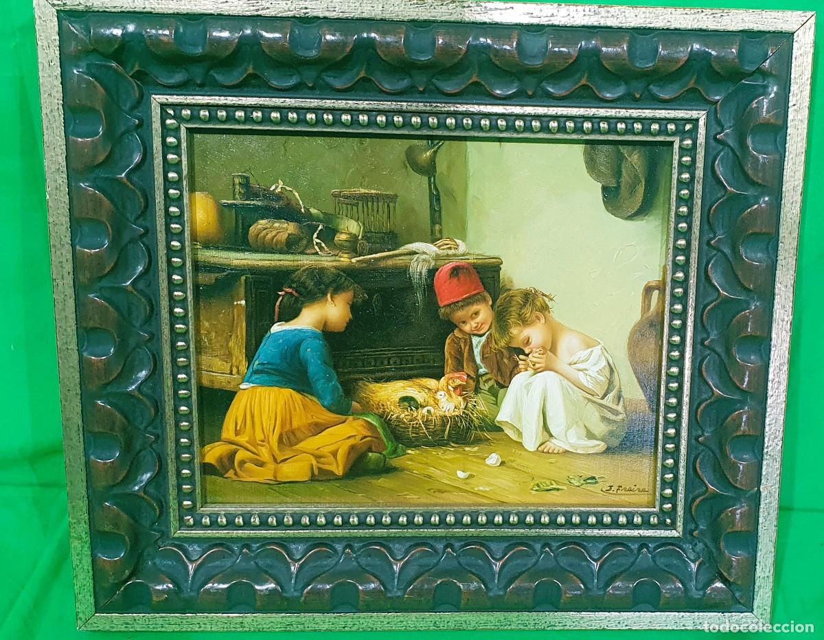 Arte: -Oleo sobre lienzo firmado , ni&ntilde;os y pollo