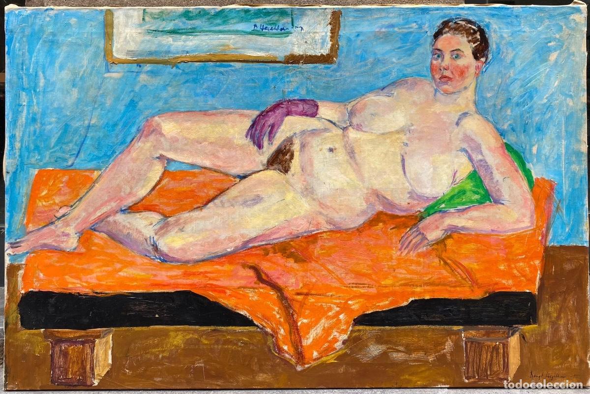 Arte: Bengt Hegethorn, retrato de mujer recostada, 1957, pintura al &oacute;leo sobre lienzo, firmado. 100x66cm