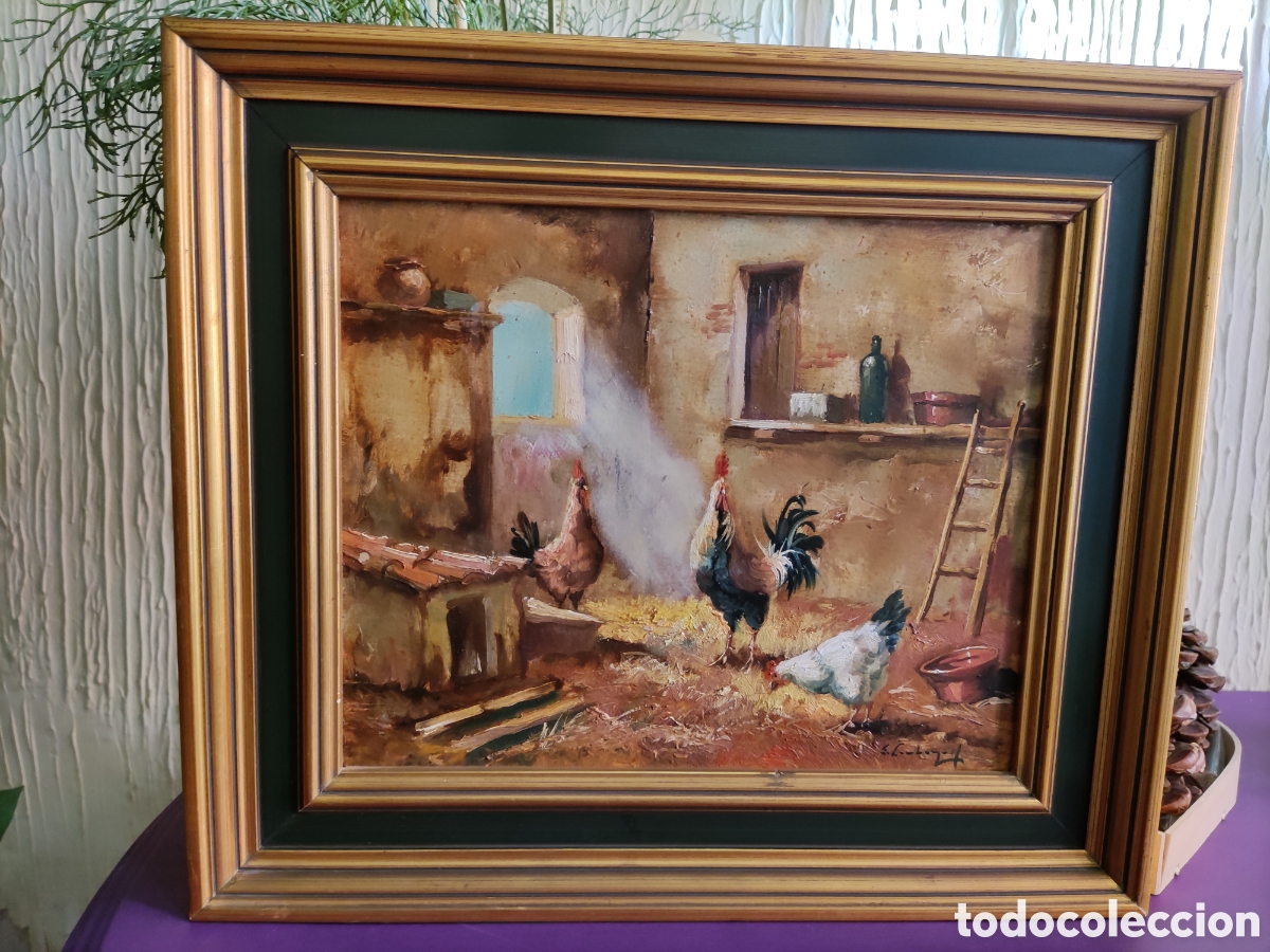 Arte: Cuadro al oleo de granja con gallos - Foto 1