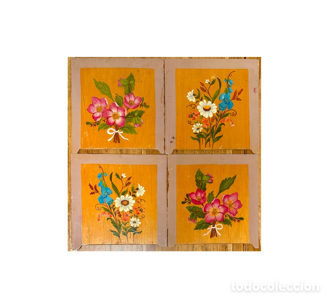 Arte: 4 &oacute;leos vintage de flores sobre chapa de madera.