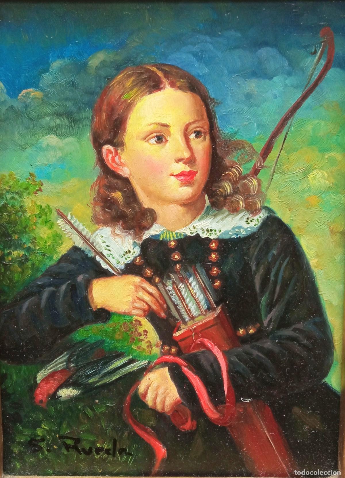 Arte: Retrato Infante cazador con arco - pintura oleo s/tabla firmada Rueda - Importante marco