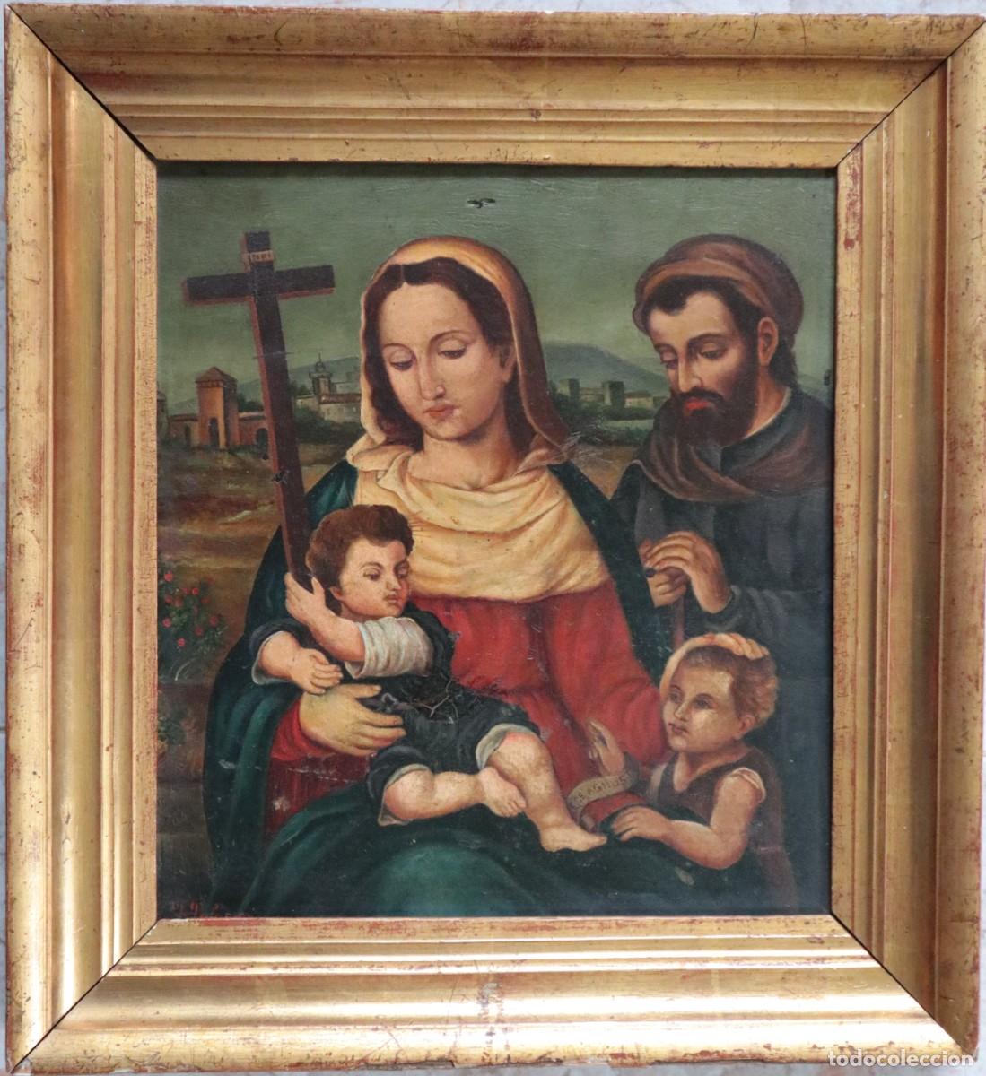 Kunst: La Sagrada Familia con S. Juanito. &Oacute;leo sobre tabla. Seguidor de Joan de Joanes. S XVIII. Mide 28 cm