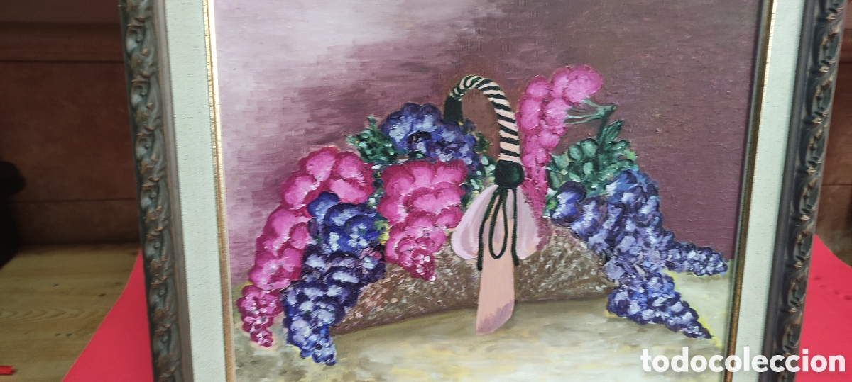 Arte: Cuadro, Oleo anonimo cesto de flores - Foto 5