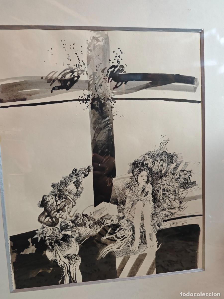 Art: Acuarela y plum&iacute;n cuadro firmado enmarcado