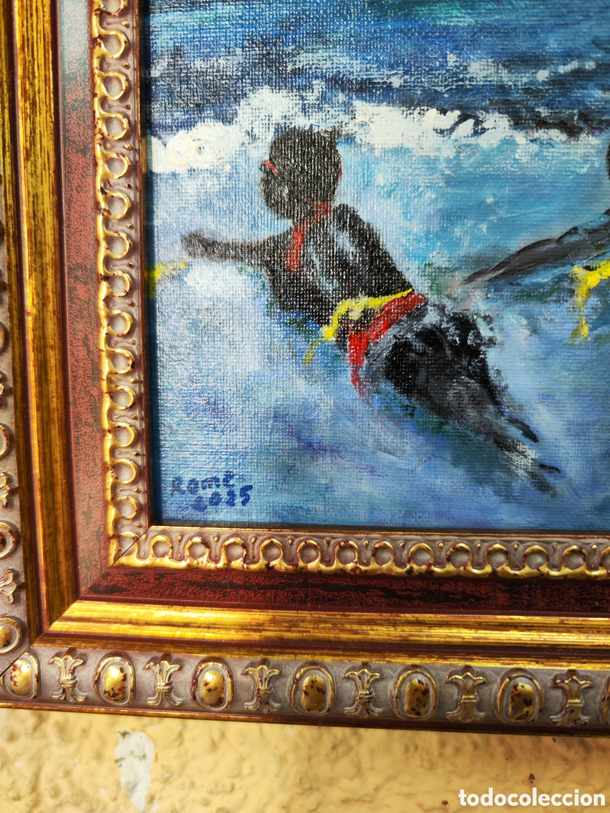 Arte: Ni&ntilde;os nadando en el mar oleo - Foto 2