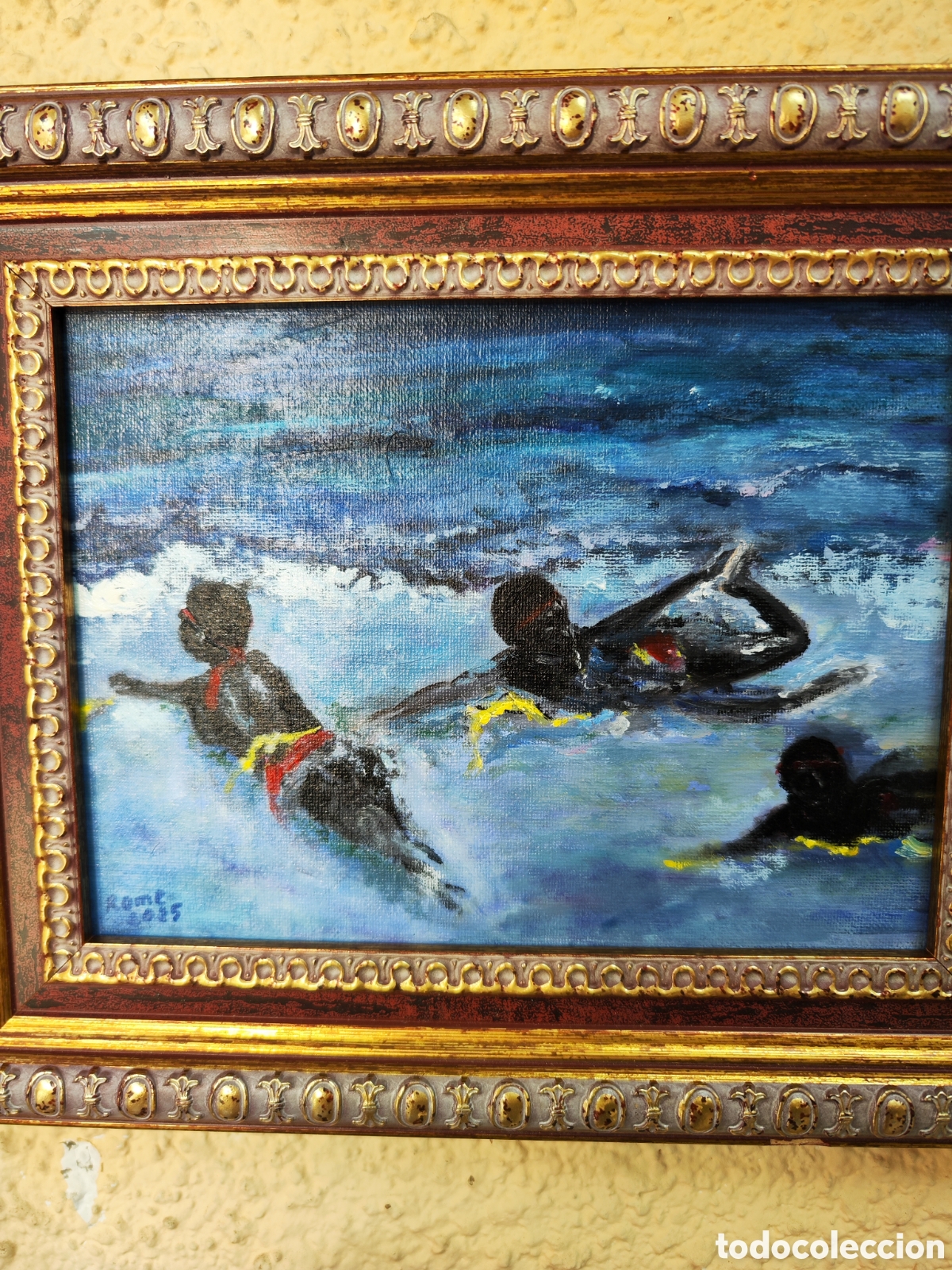 Arte: Ni&ntilde;os nadando en el mar oleo - Foto 3