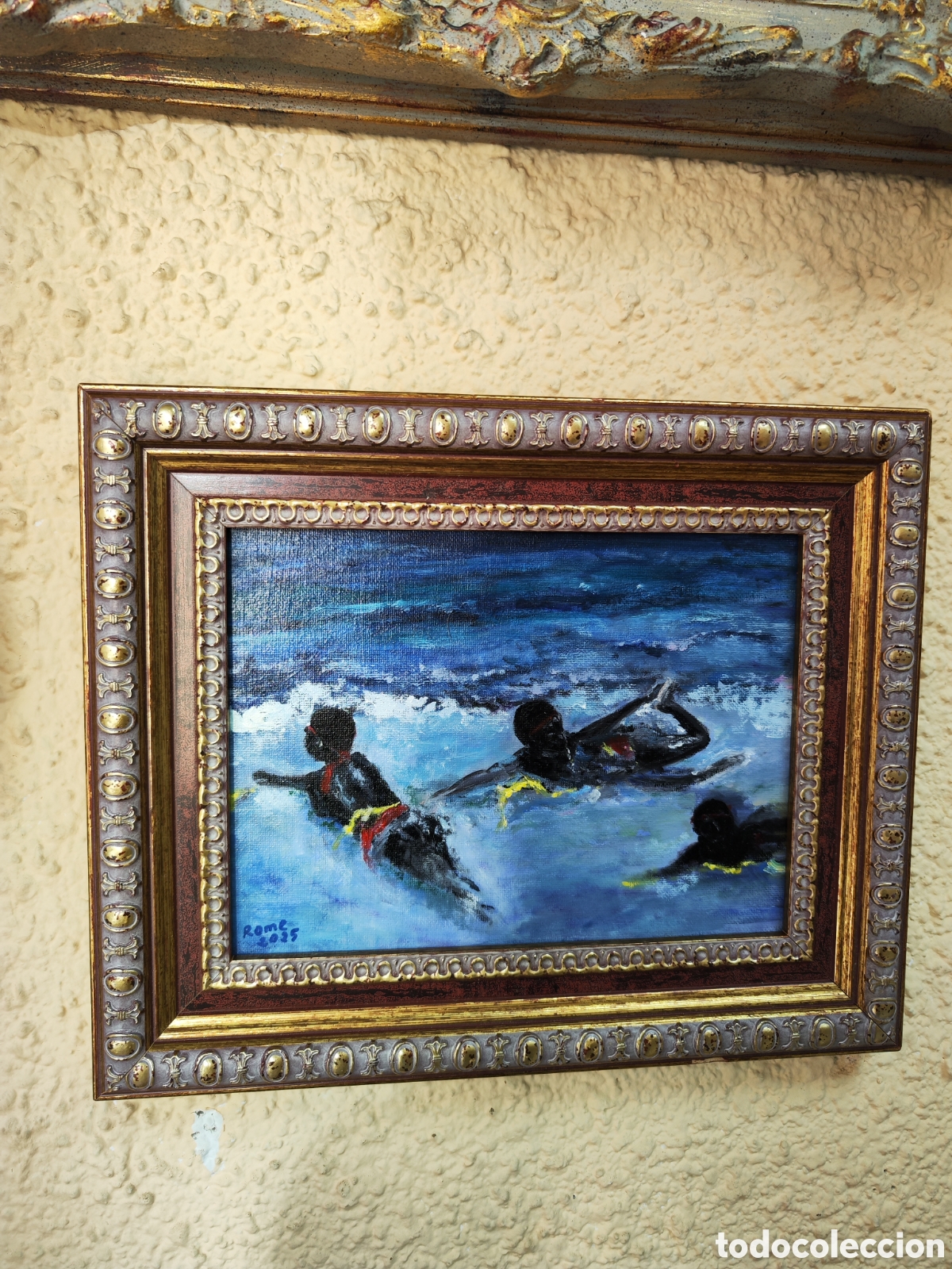 Arte: Ni&ntilde;os nadando en el mar oleo - Foto 1