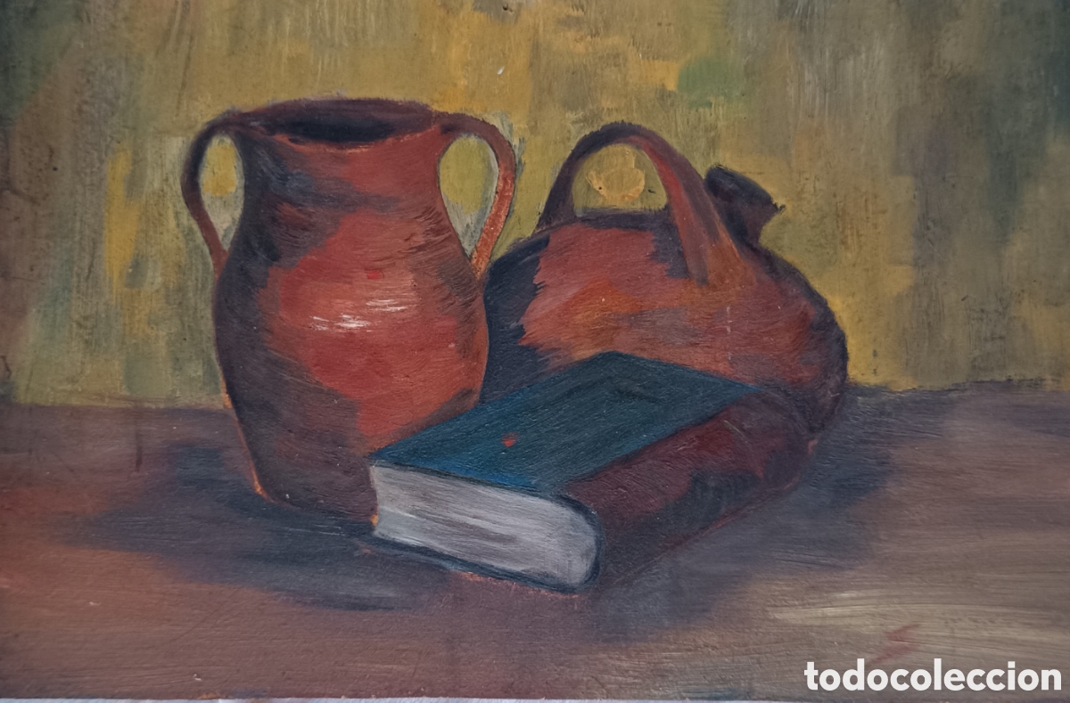 Arte: Oleo bodeg&oacute;n vasijas de barro y libro