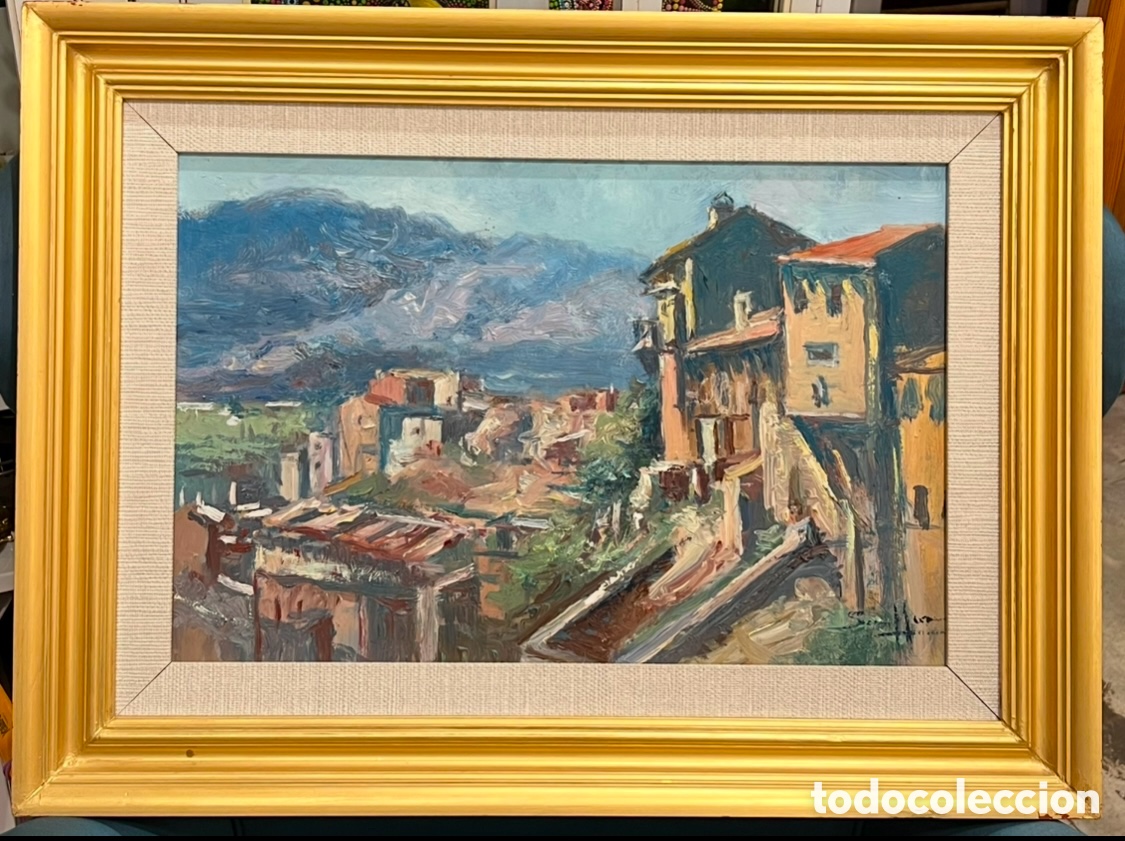 Kunst: SAURA MIRA, Fulgencio (Murcia, 1938). &ldquo;Pueblo&rdquo;. Oleo sobre lienzo.