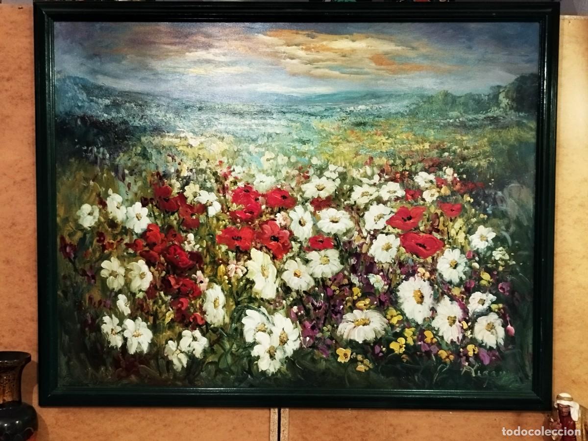 Arte: HERMOSO CUADRO OLEO SOBRE TELA- PAISAJE FLORES SILVESTRES MARGARITA AMAPOLA - FIRMA RIGAU - 124 X 97