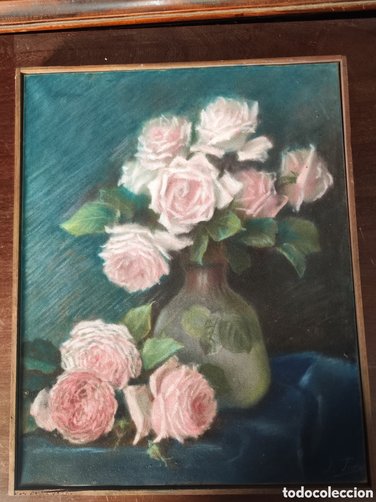Arte: Bodeg&oacute;n de flores. Pastel sobre lienzo cercano siglo XIX con marco