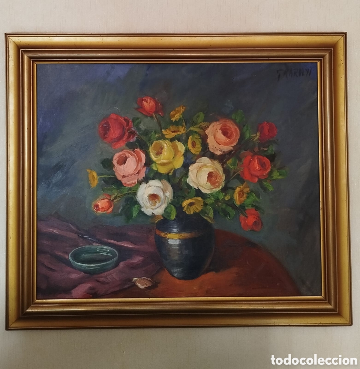 Arte: Bodeg&oacute;n floral de G. Karolyi con marco - Foto 1