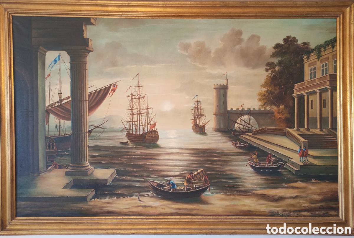 Art: Pintura &rdquo;Barcos y Atardecer&rdquo; de V. Mu&ntilde;oz
