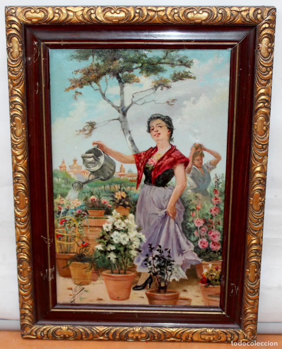 Arte: JORGE MATEO SERRANO (XIX-XX) OLEO SOBRE TELA. JOVENES CUIDANDO LAS PLANTAS