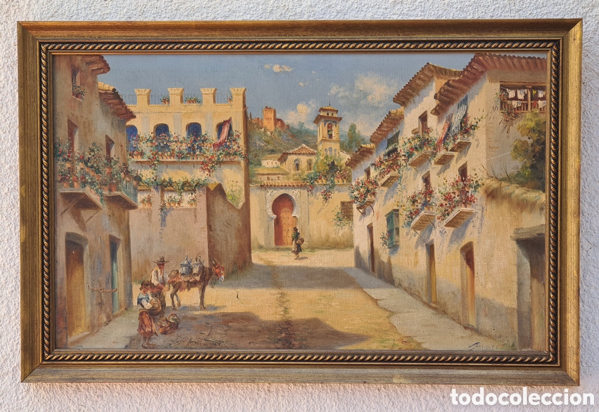 Arte: Cuadro Pintura &Oacute;leo Calle de Granada Subida Puerta Morisca Alhambra Firma Carlota Rosales Andaluc&iacute;a