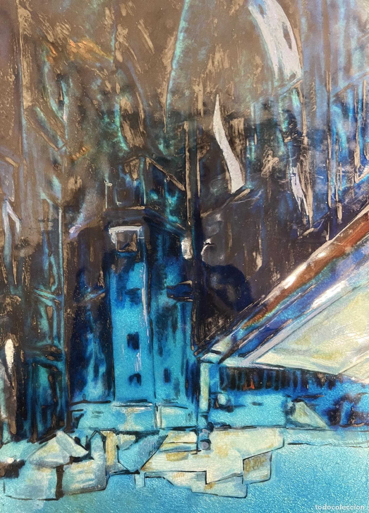 Art: CIUDAD AZUL. ESMALTE MANUAL AL FUEGO SOBRE COBRE. BARBA. ESPA&Ntilde;A. SIGLO XX